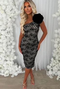 Chase The Lace Black One Shoulder Corsage Lace Midi Dress