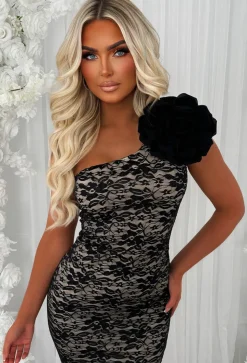 Chase The Lace Black One Shoulder Corsage Lace Midi Dress