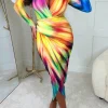 Chasing Rainbows Multi Shoulder Padded Long Sleeve Ruched Midi Dress