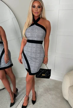 Check Me Out Grey Checked Contrast Band Halter Neck Dress