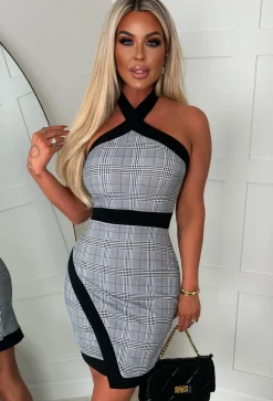 Check Me Out Grey Checked Contrast Band Halter Neck Dress