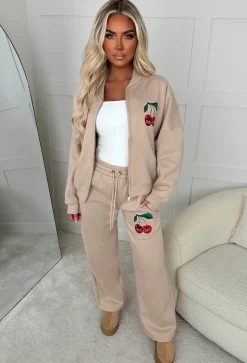 Cherie Beige Cherry Embroidered Loungewear Set