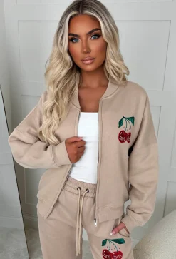 Cherie Beige Cherry Embroidered Loungewear Set