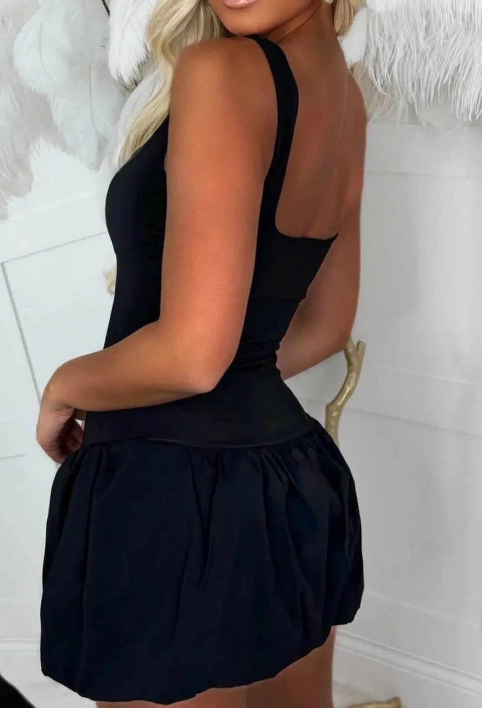 Chic & Sweet Black Stretch Square Scooped Neck Puff Ball Mini Dress