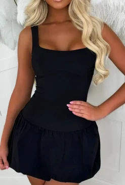Chic & Sweet Black Stretch Square Scooped Neck Puff Ball Mini Dress