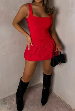 Chic & Sweet Red Stretch Square Scooped Neck Puff Ball Mini Dress