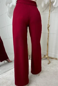 Chic Couture Burgundy Belted Wide Leg Trousers