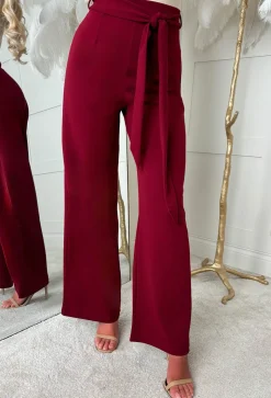 Chic Couture Burgundy Belted Wide Leg Trousers