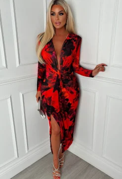 Chic Goddess Multi Printed Plunge Ruched Long Sleeve Midi Dress