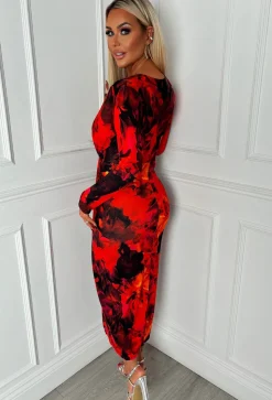 Chic Goddess Multi Printed Plunge Ruched Long Sleeve Midi Dress