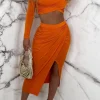 Chic Sleek Coral Stretch Ruched Midi Skirt Co-Ord