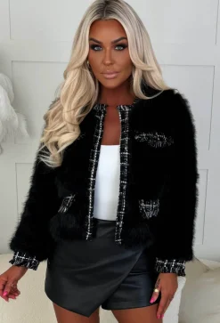 Chloe Black Collarless Faux Fur Tweed Detail Jacket