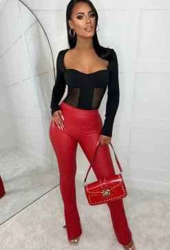 Ciao Bella Red Faux Leather Split Hem Leggings