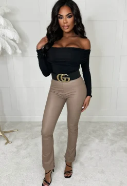 Ciao Bella Taupe Faux Leather Split Hem Leggings