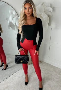 Cinched Days Red Faux Leather Waist Cinching Trousers