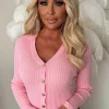 Classic Couture Baby Pink Rib Knit Button V-Neck Jumper