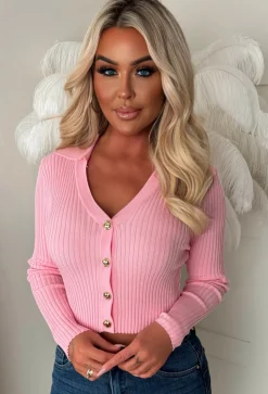 Classic Couture Baby Pink Rib Knit Button V-Neck Jumper