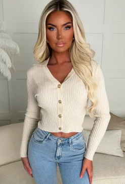 Classic Couture Beige Rib Knit Button V-Neck Jumper