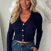Classic Couture Navy Rib Knit Button V-Neck Jumper