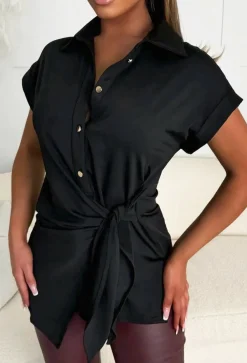 Classic Luxury Black Tie Detail Gold Button Short Sleeve Shirt