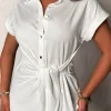 Classic Luxury White Tie Detail Gold Button Short Sleeve Shirt