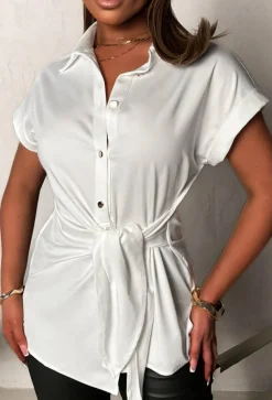Classic Luxury White Tie Detail Gold Button Short Sleeve Shirt