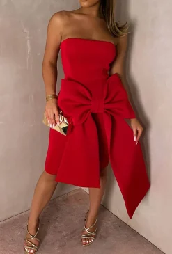 Classy Dream Red Bandeau Bow Skirt Midi Dress