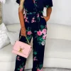 Climbing Rose Navy Tie Waist Cross Front Jumpsuit