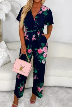 Climbing Rose Navy Tie Waist Cross Front Jumpsuit