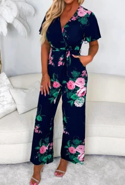 Climbing Rose Navy Tie Waist Cross Front Jumpsuit