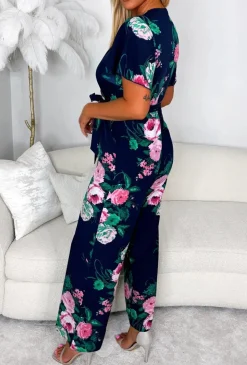 Climbing Rose Navy Tie Waist Cross Front Jumpsuit