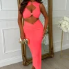 Clio Coral Buckle Detail Cutout Midi Dress