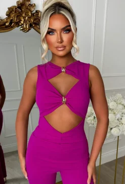 Clio Fuchsia Buckle Detail Cutout Jumpsuit