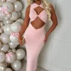 Clio Pink Buckle Detail Cutout Midi Dress
