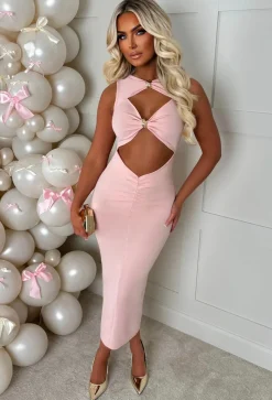 Clio Pink Buckle Detail Cutout Midi Dress