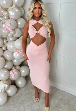 Clio Pink Buckle Detail Cutout Midi Dress