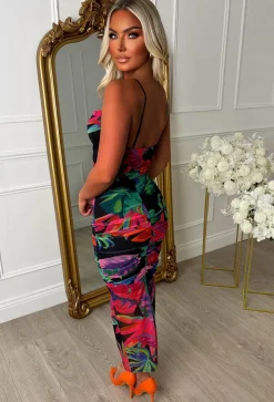 Club Tropicana Multi Tropical Leaf Cowl Neck Ruched Back Midi Dress