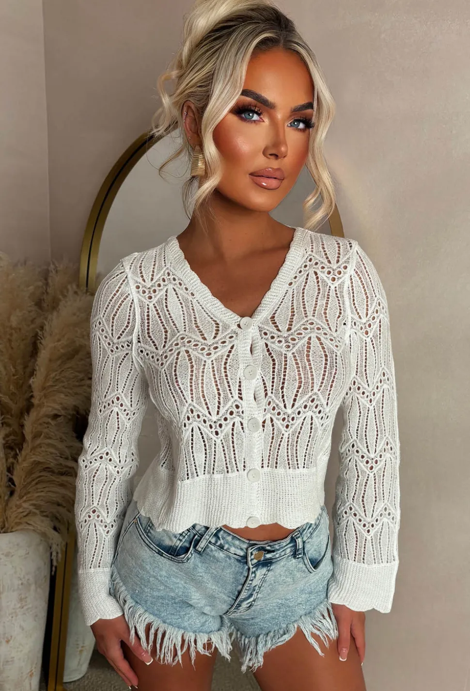 Coastal Chic Cream Crochet Knitted Cardigan