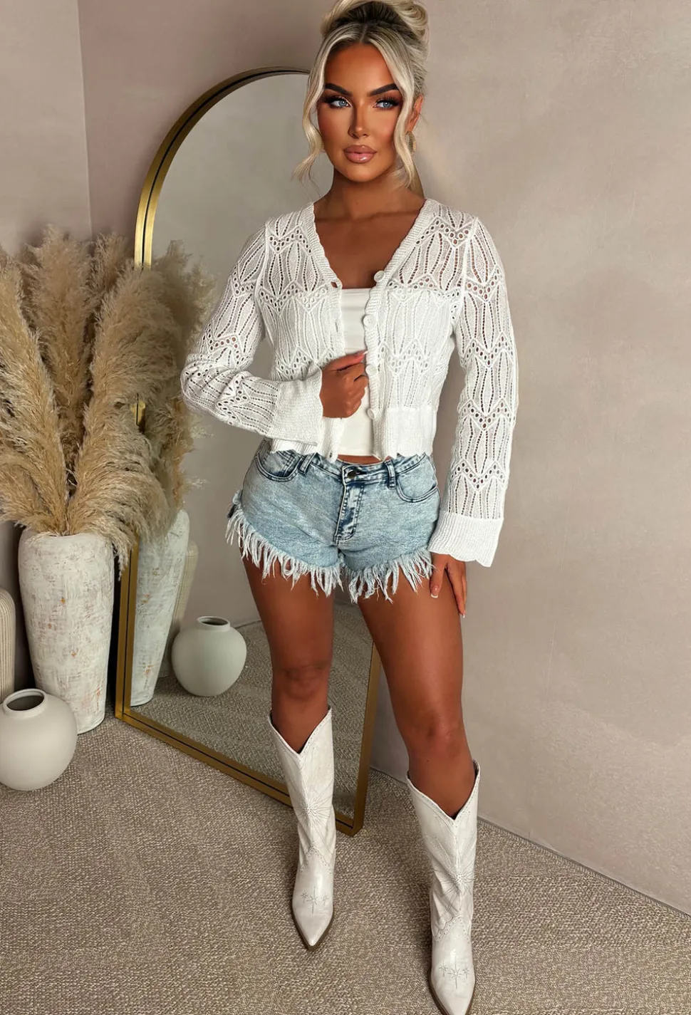 Coastal Chic Cream Crochet Knitted Cardigan