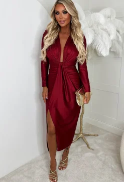 Cocktail Chic Red Stretch Long Sleeve Plunge Ruched Midi Dress