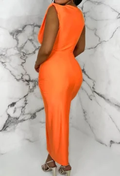 Cocktail Hour Orange Stretch Sleeveless Plunge Ruched Midi Dress
