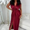 Cocktail Hour Red Stretch Sleeveless Plunge Ruched Midi Dress