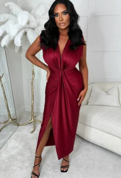 Cocktail Hour Red Stretch Sleeveless Plunge Ruched Midi Dress