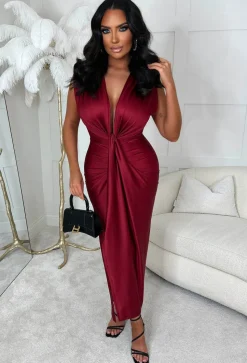 Cocktail Hour Red Stretch Sleeveless Plunge Ruched Midi Dress