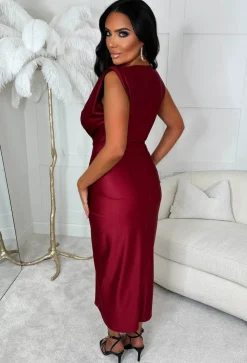 Cocktail Hour Red Stretch Sleeveless Plunge Ruched Midi Dress