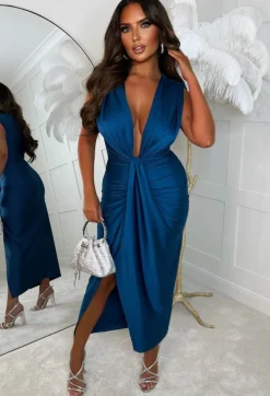 Cocktail Hour Teal Stretch Plunge Ruched Midi Dress