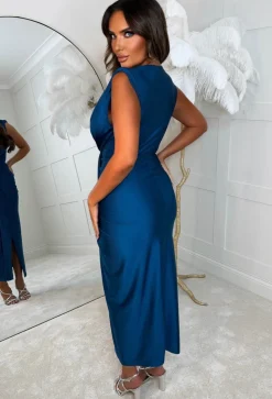 Cocktail Hour Teal Stretch Plunge Ruched Midi Dress