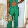 Cocktails O Clock Green Halter Cut Out Shimmer Plisse Jumpsuit
