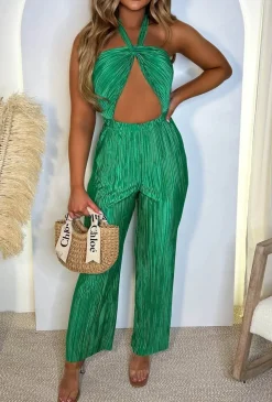 Cocktails O Clock Green Halter Cut Out Shimmer Plisse Jumpsuit