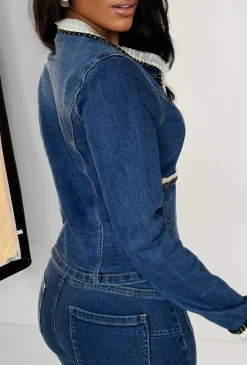 Coco Babe Mid Blue Denim Cropped Collarless Jacket